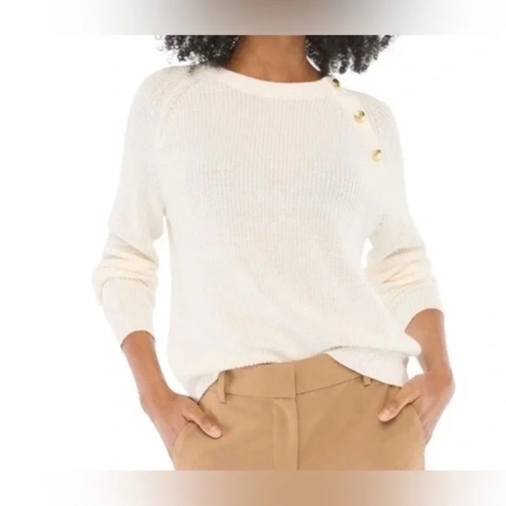 J. Crew Sweater Ivory Cotton Raglan Crew Neck Sweater with Gold Buttons XS